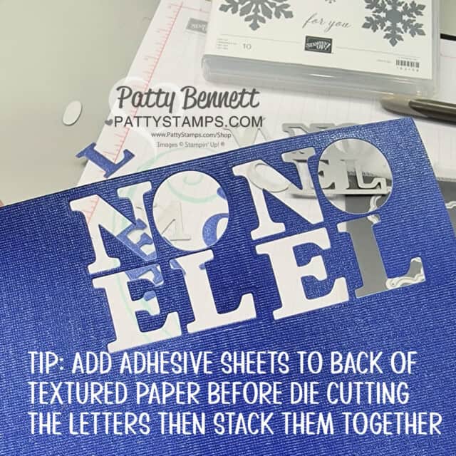 Joy of Noel dies Christmas card tips and idea by Patty Bennett featuring textured paper and Abundant Beauty Masks.