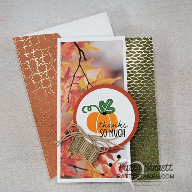Stampin' Up! All About Autumn designer paper stack great for fall note cards, by Patty Bennett, featuring Pick of the Patch bundle.
