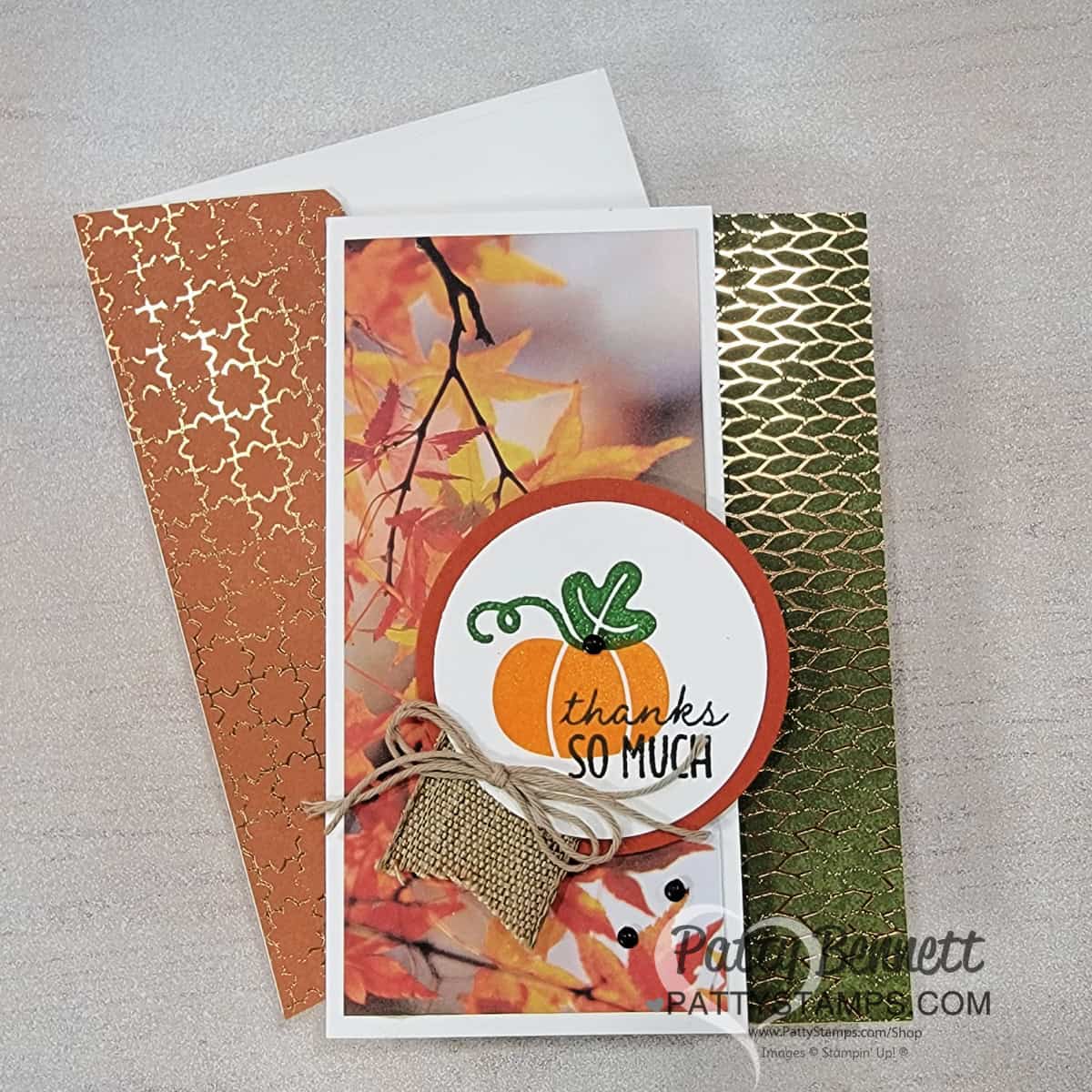 Stampin' Up! All About Autumn designer paper stack great for fall note cards, by Patty Bennett, featuring Pick of the Patch bundle.