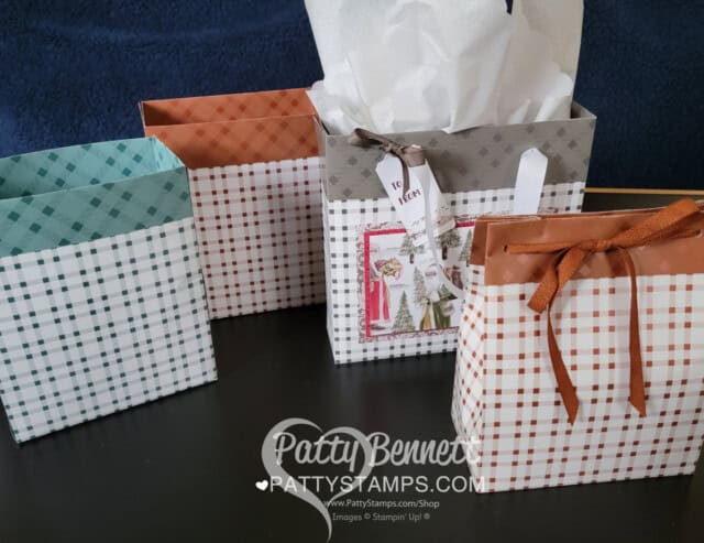 Handmade gift bag featuring Stampin' Up! 12x12 Tartan Foil plaid designer paper by Patty Bennett
