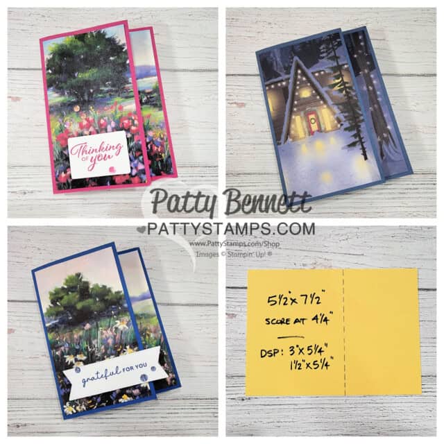 Meandering Meadow fun fold card: design ideas for 6x6 Stampin' UP! paper from Patty Bennett. Side Fold card design.