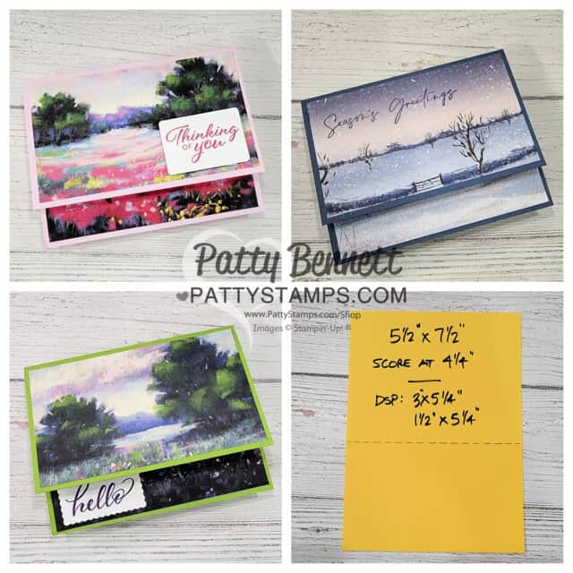 Meandering Meadow fun fold card: design ideas for 6x6 Stampin' UP! paper from Patty Bennett. Top fold card design.