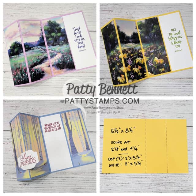 Meandering Meadow fun fold card: design ideas for 6x6 Stampin' UP! paper from Patty Bennett. Triptych card design.