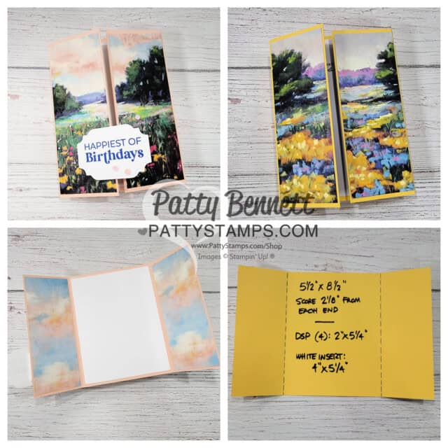 Meandering Meadow fun fold card: design ideas for 6x6 Stampin' UP! paper from Patty Bennett. Gate fold card design.