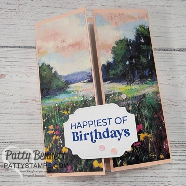Meandering Meadow fun fold card: design ideas for 6x6 Stampin' UP! paper from Patty Bennett. Gate fold birthday card design.