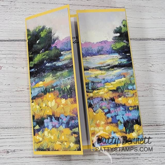 Meandering Meadow fun fold card: design ideas for 6x6 Stampin' UP! paper from Patty Bennett. Gate fold card design.