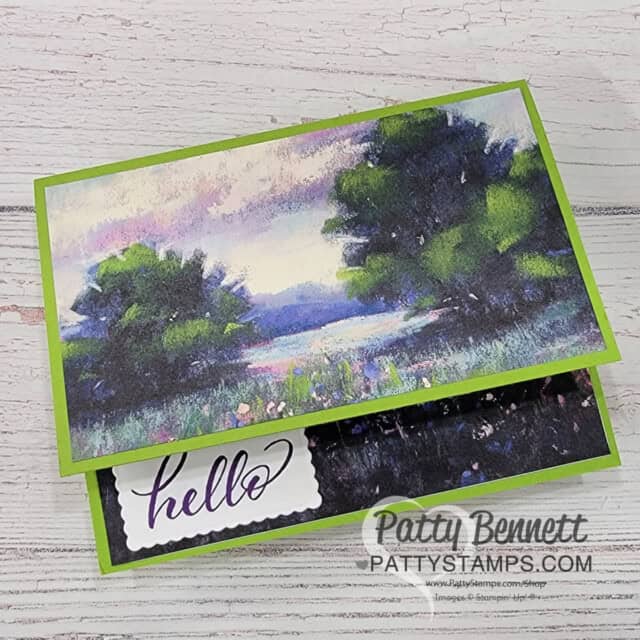 Meandering Meadow fun fold card: design ideas for 6x6 Stampin' UP! paper from Patty Bennett. Top fold card design.