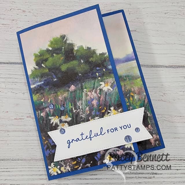 Meandering Meadow fun fold card: design ideas for 6x6 Stampin' UP! paper from Patty Bennett. Side Fold card design.