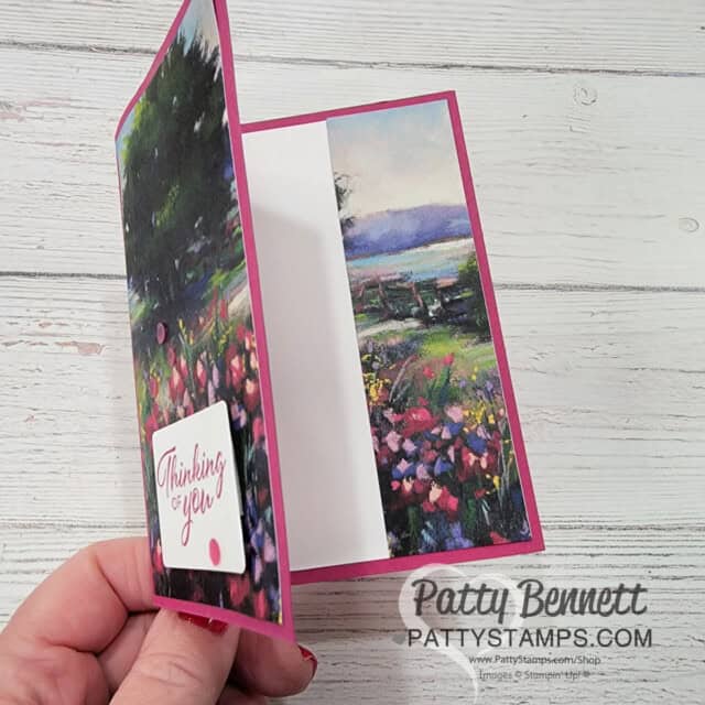 Meandering Meadow fun fold card: design ideas for 6x6 Stampin' UP! paper from Patty Bennett. Side Fold card design.