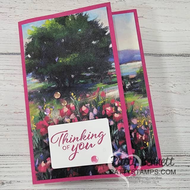 Meandering Meadow fun fold card: design ideas for 6x6 Stampin' UP! paper from Patty Bennett. Side Fold card design.