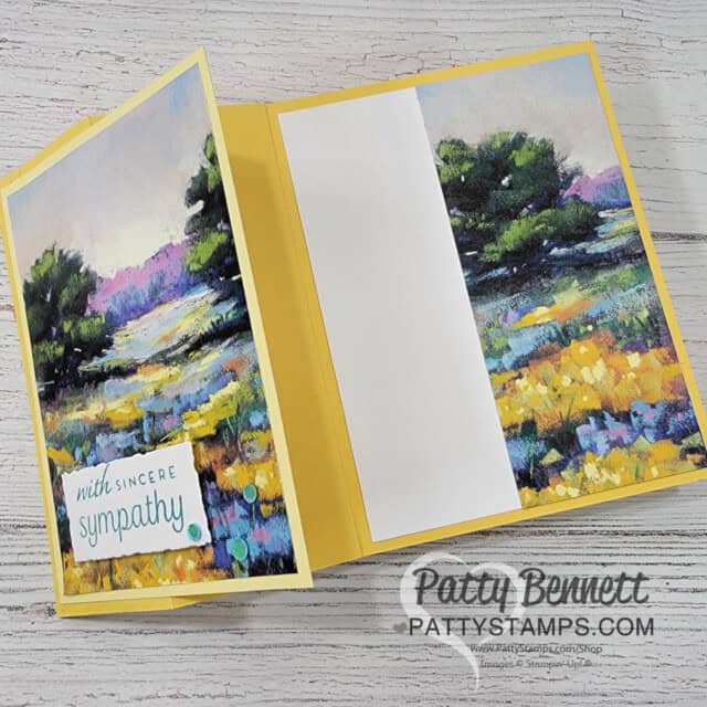 Meandering Meadow fun fold card: design ideas for 6x6 Stampin' UP! paper from Patty Bennett. Sympathy full front card.