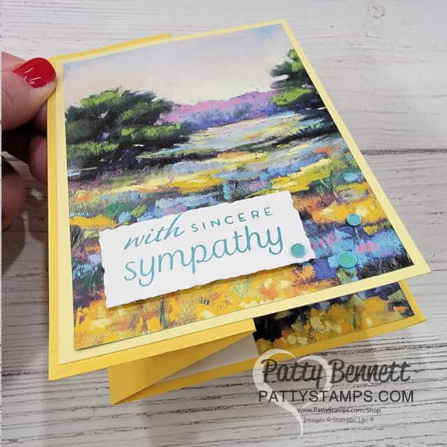 Meandering Meadow fun fold card: design ideas for 6x6 Stampin' UP! paper from Patty Bennett. Sympathy full front card.