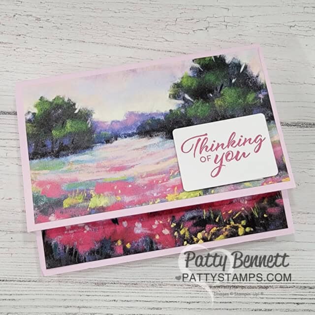 Meandering Meadow fun fold card: design ideas for 6x6 Stampin' UP! paper from Patty Bennett. Top fold thinking of you card design.