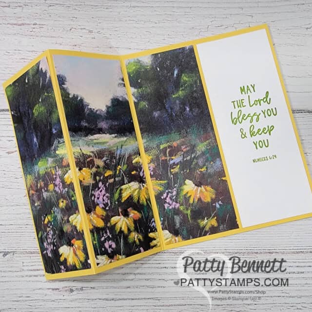 Meandering Meadow fun fold card: design ideas for 6x6 Stampin' UP! paper from Patty Bennett. Triptych card design.