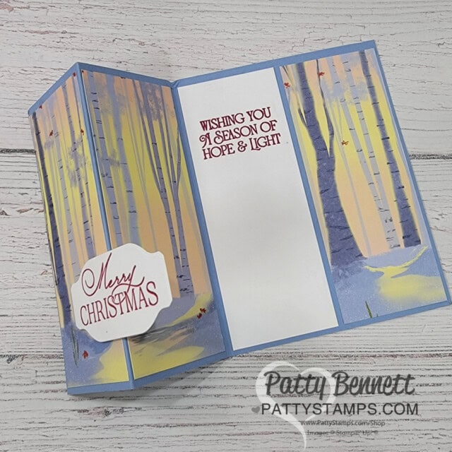 One Horse Open Sleigh fun fold card: design ideas for 6x6 Stampin' UP! paper from Patty Bennett. Triptych card design.