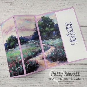 Meandering Meadow fun fold card: design ideas for 6x6 Stampin' UP! paper from Patty Bennett. Triptych card design.