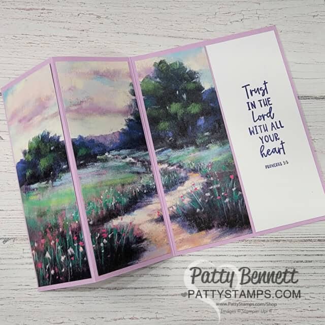 Meandering Meadow fun fold card: design ideas for 6x6 Stampin' UP! paper from Patty Bennett. Triptych card design.