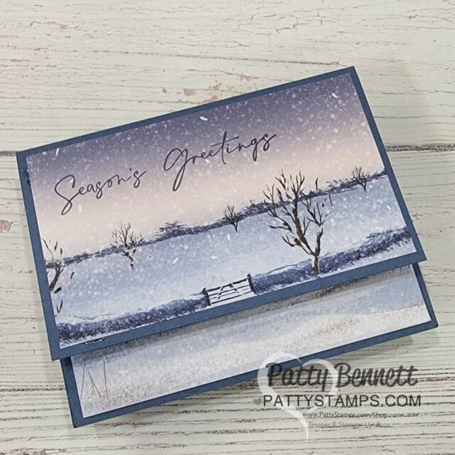 One Horse Open Sleigh fun fold card: design ideas for 6x6 Stampin' UP! paper from Patty Bennett. Top fold Seasons Greetings card design.