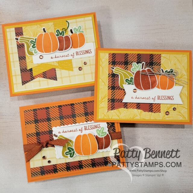 Thanksgiving cards featuring Stampin Up! Pick of the Patch bundle and Inked Botanical designer paper by Patty Bennett
