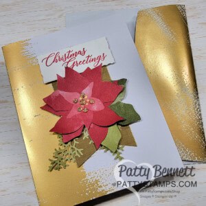Stampin' UP! Brushed Gold Card base for Christmas featuring poinsettia die cut from the Stampin' Up! Rustic Christmas kit. by Patty Bennett