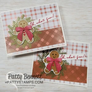 Tartan Foil Plaid Cards for Christmas featuring Sending Cheer Gingerbread man and wreath die cut from the Stampin' Up! Rustic Christmas kit. by Patty Bennett