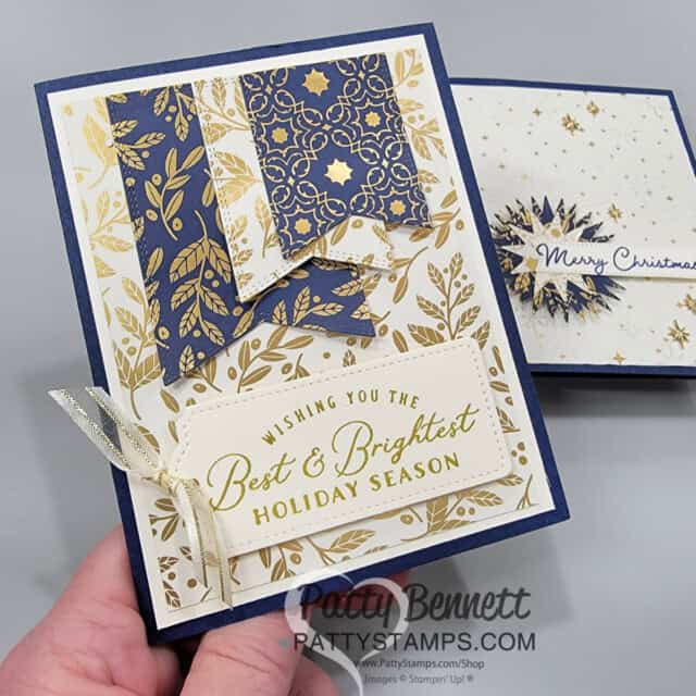 Stampin' Up! card idea for holidays or Christmas featuring Brightly Shining designer paper by Patty Bennett