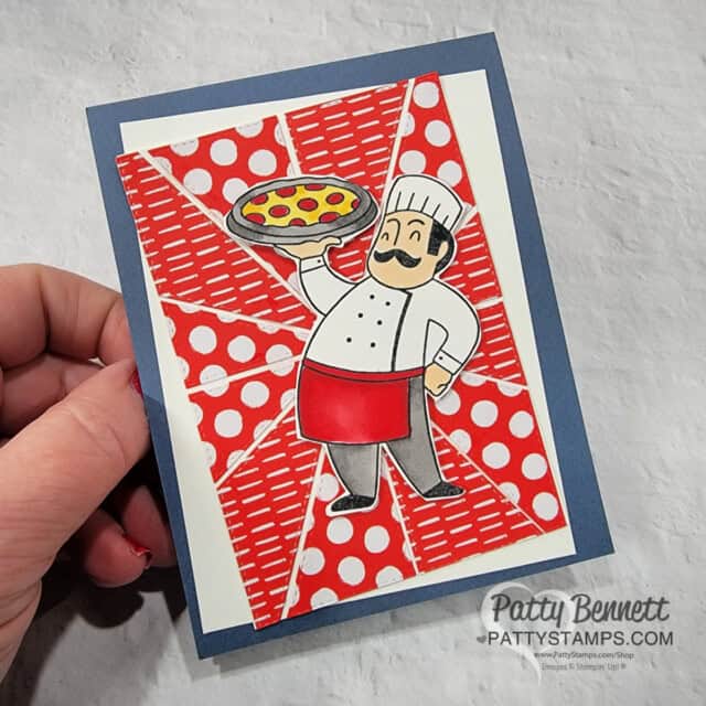 Stampin' Up! Supremely Awesome Pizza Guy card featuring Patchwork pieces dies! Coloring with STampin' Blends markers.
