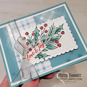 Joy of Noel Stampin' Up! stamp set card idea featuring Stampin' Blend coloring and Wink of Stella, with Tartan Foil Plaid, by Patty Bennett