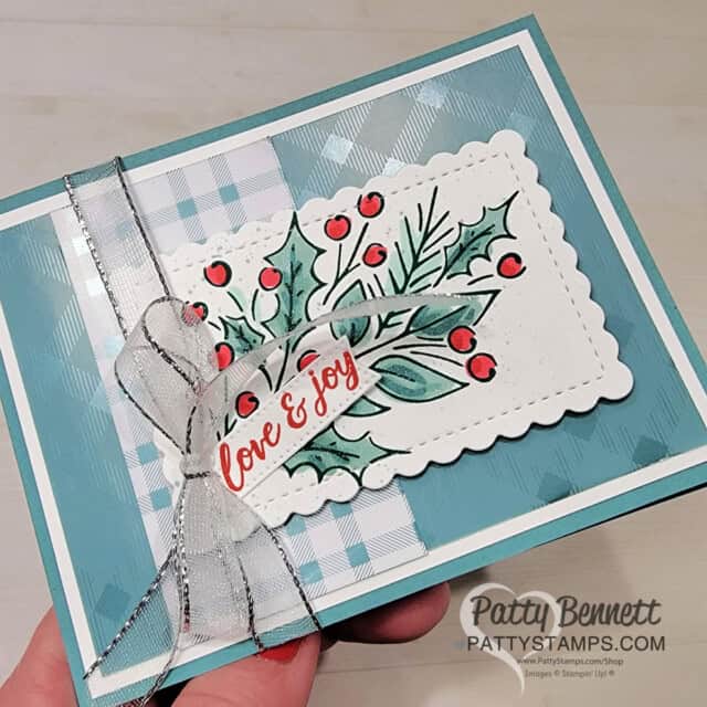 Joy of Noel Stampin' Up! stamp set card idea featuring Stampin' Blend coloring and Wink of Stella, with Tartan Foil Plaid, by Patty Bennett