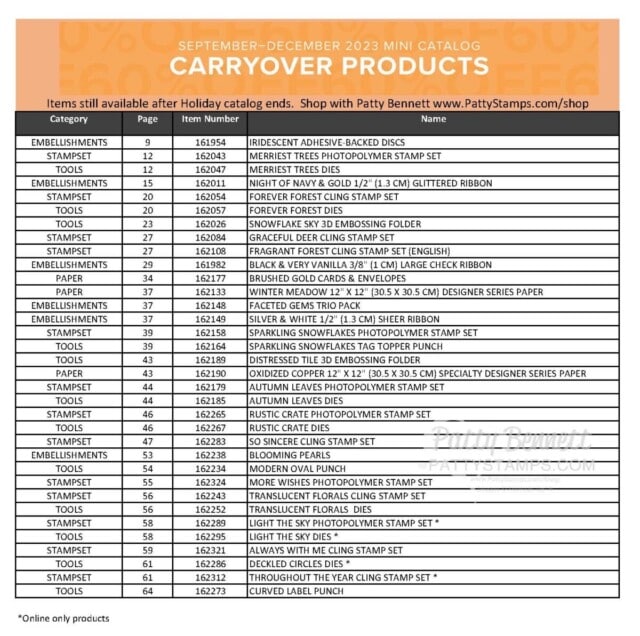 Stampin Up Holiday Catalog (Sept. - December 2023) Carry Over List www.PattyStamps.com