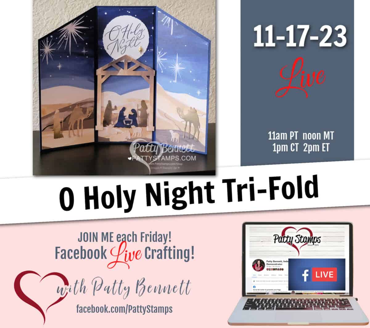 o holy night designer paper tri-fold card with Stampin' UP! Night Divine bundle by Patty Bennett - video tutorial