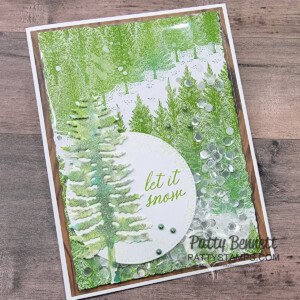 Fragrant Forest tree background stamp holiday card, Faker Shaker with Stampin' Up! supplies by Patty Bennett