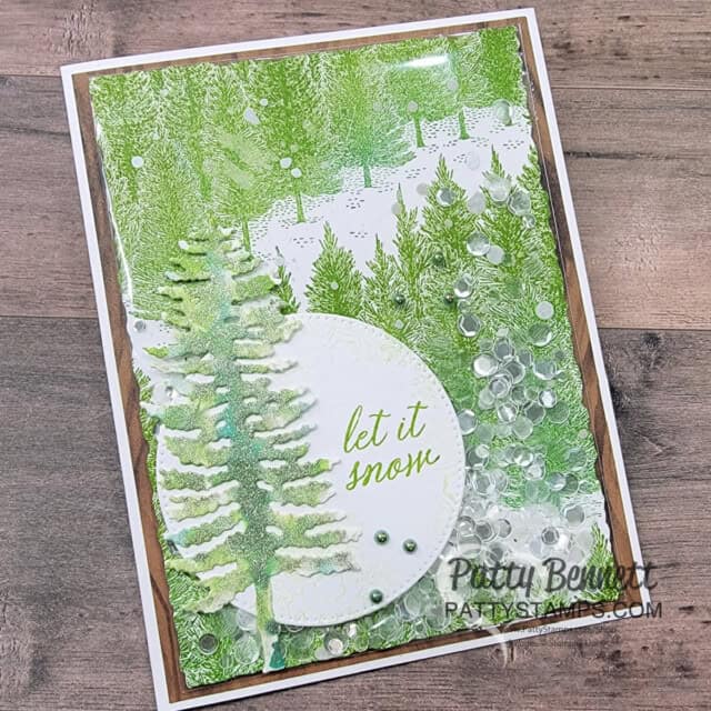 Fragrant Forest tree background stamp holiday card, Faker Shaker with Stampin' Up! supplies by Patty Bennett
