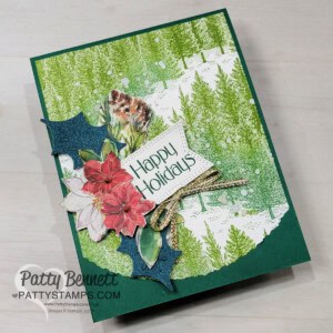 Fragrant Forest tree background stamp holiday card, with Deckled Circle Dies & Stampin' Up! supplies by Patty Bennett