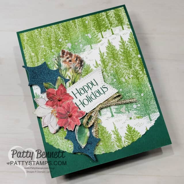 Fragrant Forest tree background stamp holiday card, with Deckled Circle Dies & Stampin' Up! supplies by Patty Bennett