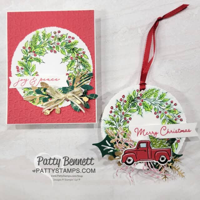 Make a Wreath with the Stampin' Up! Joy of Noel stamp set, stamped onto the Deckled Circle dies. Christmas ornament & card by Patty Bennett