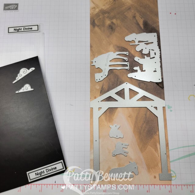 Die Cutting pieces for STampin' Up! O Holy Night designer paper tri-fold Christmas Card idea by Patty Bennett