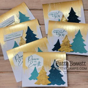 Merriest Trees Christmas Cards - Stampin' Up! brushed gold cards, for Luv 2 Stamp Group, by Patty Bennett