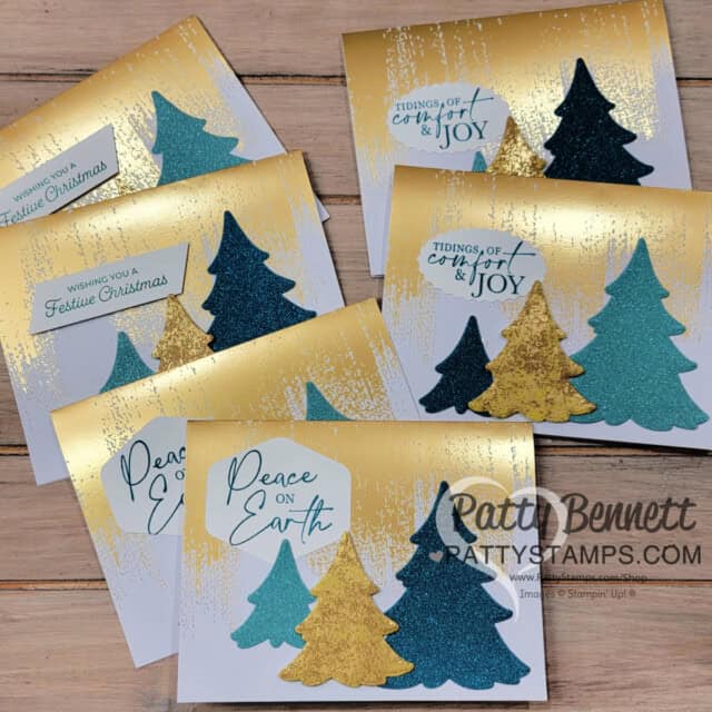 Merriest Trees Christmas Cards - Stampin' Up! brushed gold cards, for Luv 2 Stamp Group, by Patty Bennett