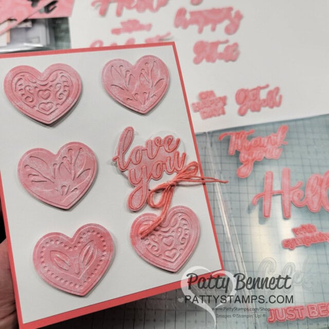 Adoring Hearts and Thoughtful Moments hybrid embossing folders by Stampin' Up! with Most Adored Sale-a-Bration paper. Card by Patty Bennett