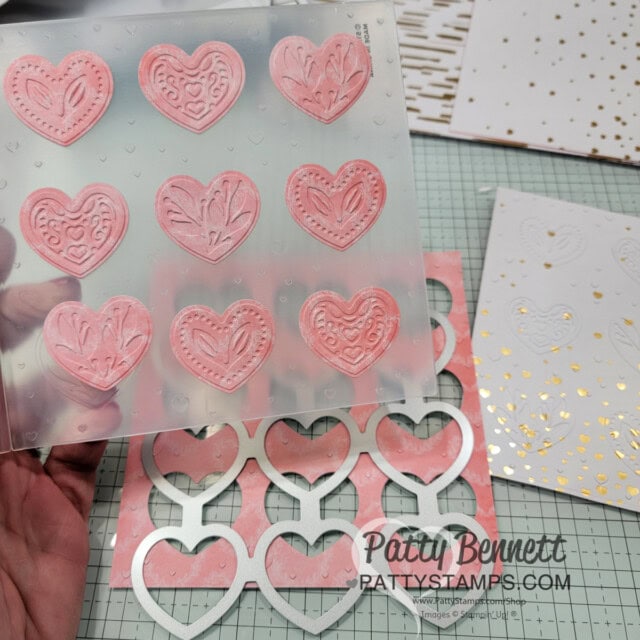 Adoring Hearts and Thoughtful Moments hybrid embossing folders by Stampin' Up! with Most Adored Sale-a-Bration paper. Card by Patty Bennett