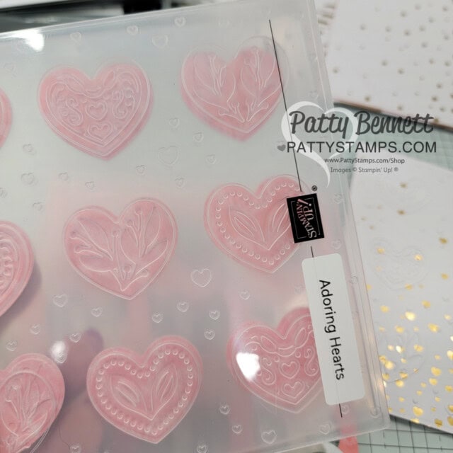Adoring Hearts and Thoughtful Moments hybrid embossing folders by Stampin' Up! with Most Adored Sale-a-Bration paper. Card by Patty Bennett