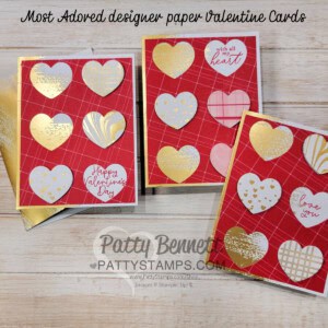 Stampin Up! Most Adored Sale-a-Bration designer paper with Adoring Hearts hybrid embossing folder bundle by Patty Bennett Valentine card ideas