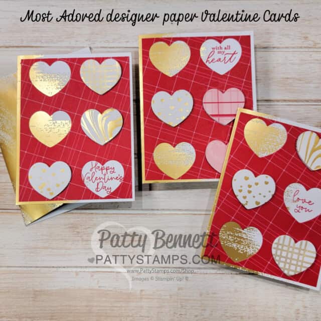 Stampin Up! Most Adored Sale-a-Bration designer paper with Adoring Hearts hybrid embossing folder bundle by Patty Bennett Valentine card ideas