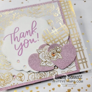 Double Decker Z Fold card featuring Most Adored designer paper and Fresh Freesia glimmer paper and Adoring Hearts bundle, by Patty Bennett
