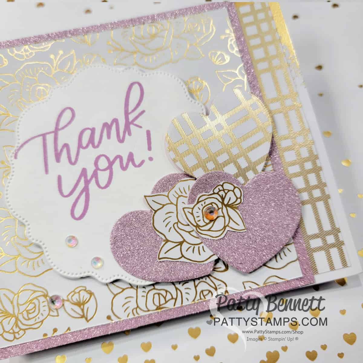 Double Decker Z Fold card featuring Most Adored designer paper and Fresh Freesia glimmer paper and Adoring Hearts bundle, by Patty Bennett