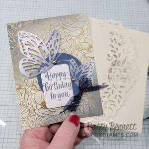 Stampin' UP! Gold Foiled Flowers cards & envelopes with blending brushes and Misty Moonlight ink. Paper butterflies embellishments. cards by Patty Bennett