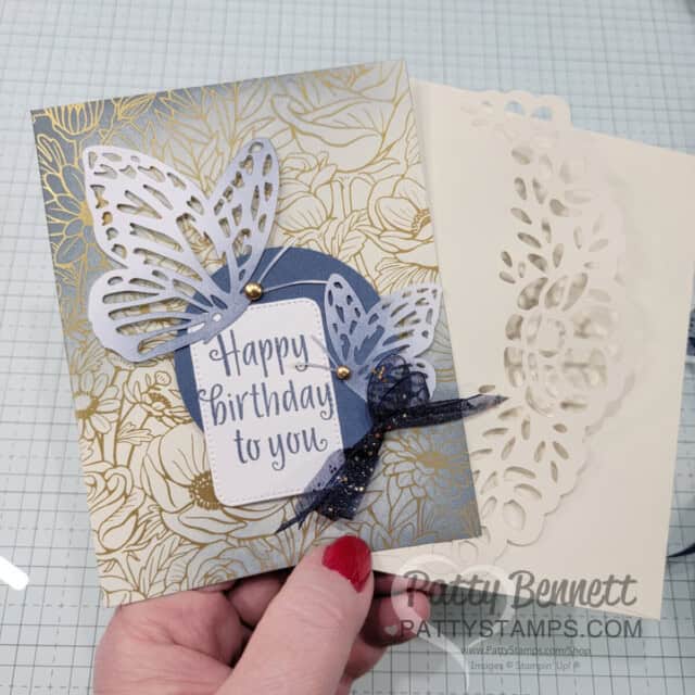 Stampin' UP! Gold Foiled Flowers cards & envelopes with blending brushes and Misty Moonlight ink. Paper butterflies embellishments. cards by Patty Bennett