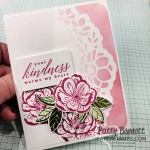 Stampin' Up! Gold Foiled cards and envelopes - use a blending brush and ink to color the flap and add color to the card front at the same time. Irresistible Blooms stamp set card by Patty Bennett