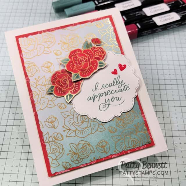 Most Adored Sale-a-Bration designer paper from Stampin' Up! with ink blending and simple Stampin' Blends coloring, card by Patty Bennett